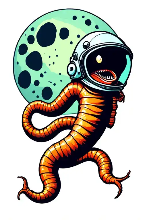 Wes Anderson Style Earthworm Wearing A Space Helmet Floating In Front Of The Moon