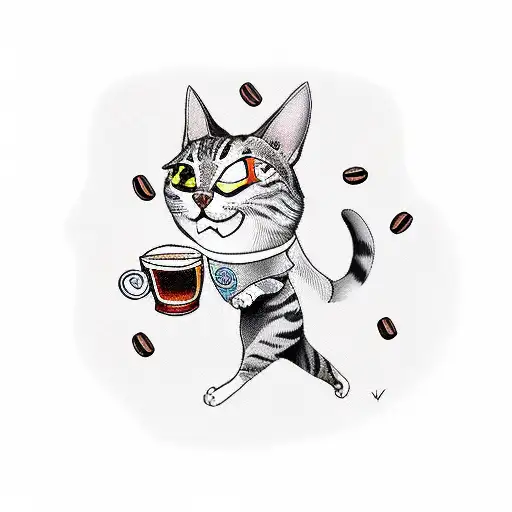 A New-school Tattoo Of A Cat Running With A Beer Mug In Its Mouth And Coffee Beans Flying Around