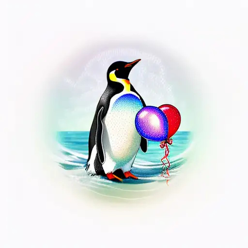Penguin In Ocean Holding Ballons