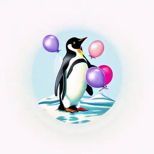 Penguin In Ocean Holding Ballons