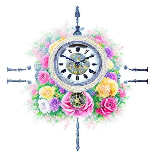 A Majestic Grandfather Clock Surrounded By A Bed Of Vibrant Roses