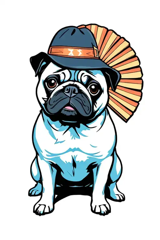 Cartoon Pug With A Fan Hat On