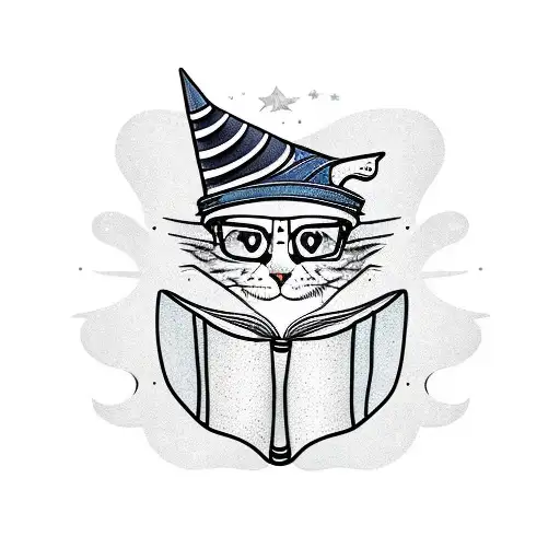 A Whimsical New-school Tattoo Featuring A Cat Wearing A Wizard Hat And Reading A Book In Outer Space