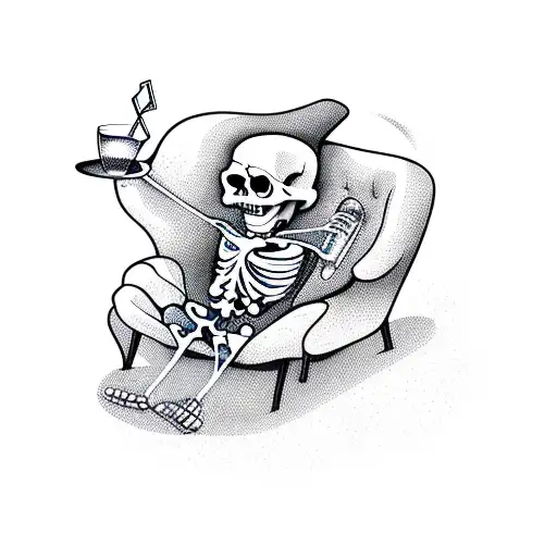 Skeleton Chilling In A Lounge Chair On The Beach With A Drink In His Hand