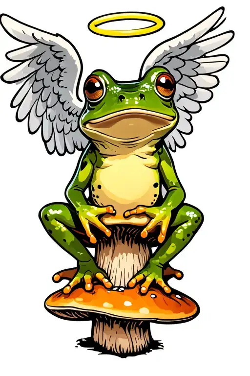 Frog With Angel Wings And Halo Sitting On A Mishroom