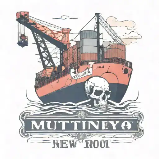Container Ship With A Crane Behind And A Skull And Anchor With Text Below That Says Mutiny