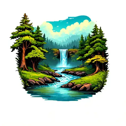 Nature Elements Like Trees Near A Creek Running Into A Waterfall