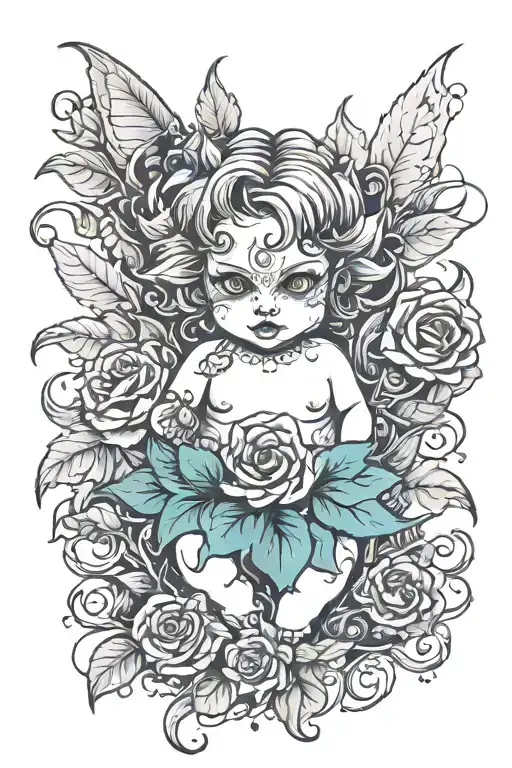 Flower In Diaper With Hands Leaves Standing In The Middle Of Gothic City