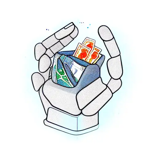 A New-school Design Featuring A Robotic Hand Holding A Money Bag Filled With Weed