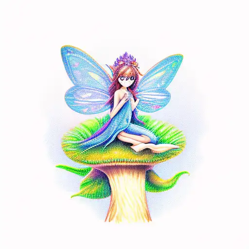 A Whimsical Fairy Sitting On A Mushroom In A Mystical Forest