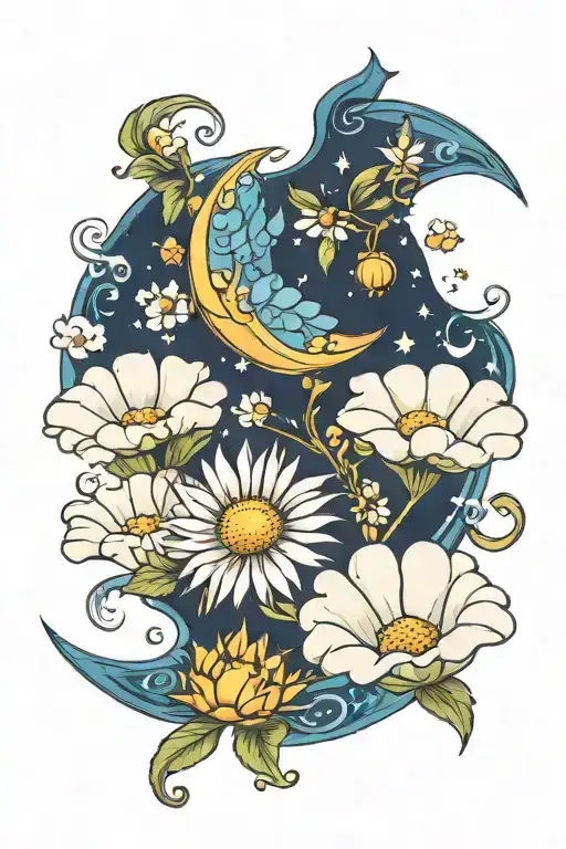 White Daisys And Blue Crescent Moon