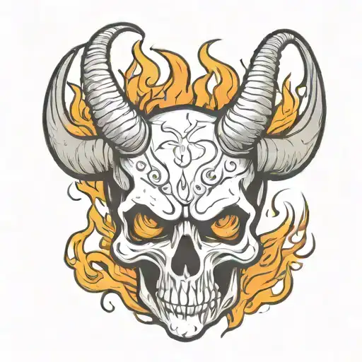 Front Facing Skull With Long Horns And Fire From Eye Socket