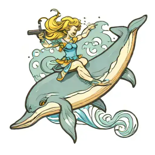 A Fairy Holding A Gun Riding A Dolphin Jumping A Wave