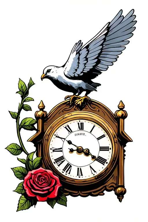 Dove Perched On Fancy Medieval Clock With A Single Rose At The Bottom