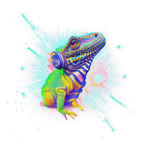 Full Body Trippy Cameleon Listening To Techno Music With Headphones