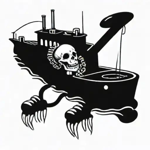 A New-school Tattoo Of A Skeleton Crew Operating A Submarine With Electricity Crackling Around Them