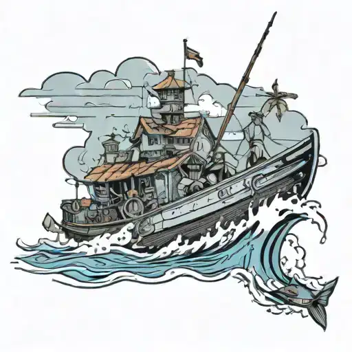 Fishing In The Ocean On A Boat With Island Landscape