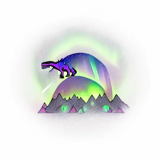 Dinosaur Floating With Mountains And Aurora Borealis In The Background