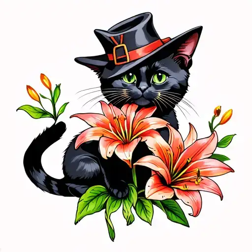 Black Cat In A Hat Lilly Flower And 444