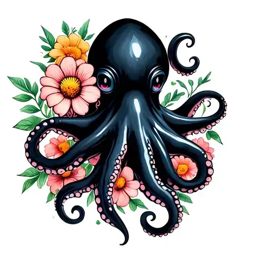 Black Octopus With Flowers