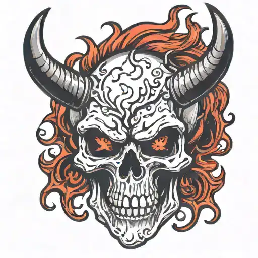 Skull Looking Right With Red Devil Horns And Fire Eyes