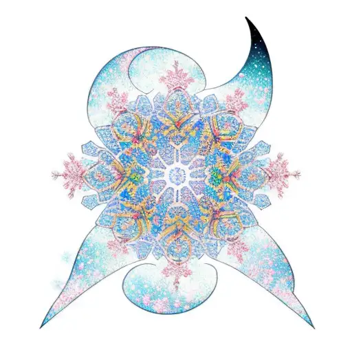 Crescent Moon And A Sakura Flower With A Snowflake