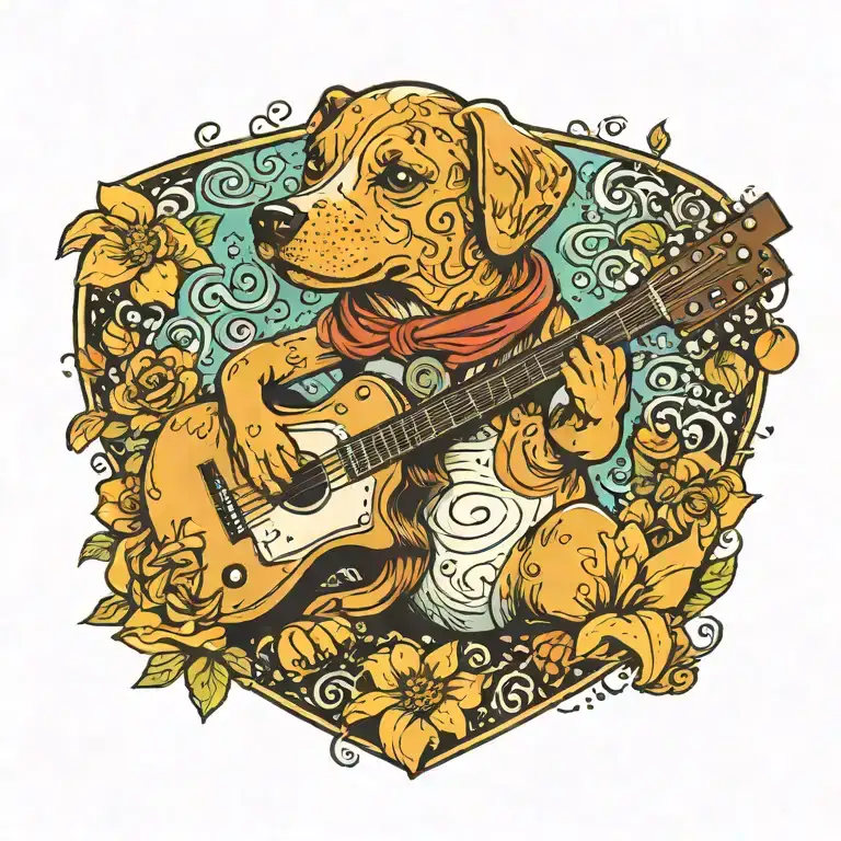A Whimsical Design Of A Cute Dog Playing A Guitar Surrounded By Musical Notes And Flower And Heart