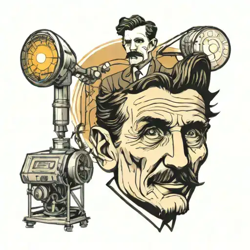 Nikola Tesla Caricature Like And Alien And In Backround His Generator