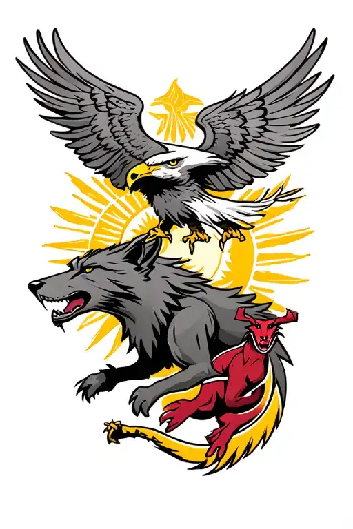 Trojan On Wolf With Sun Devil On Eagle
