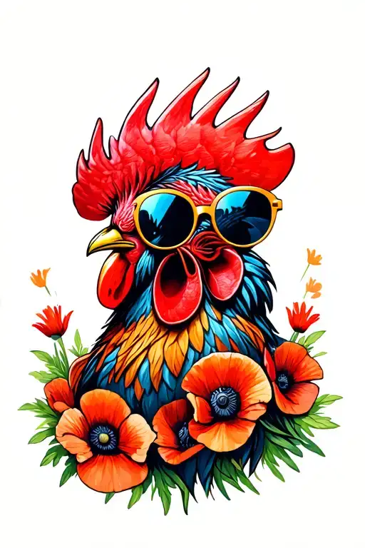 Rooster In Colors With Sunglasses With Red Poppies