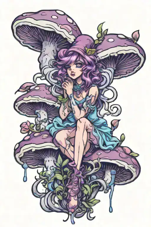 Personified Mushroom Fairy In Purples And Blues