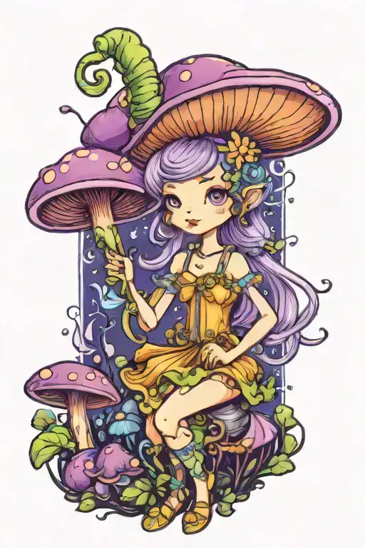 Cute Personified Mushroom Fairy Princess In Bright Purples And Blues