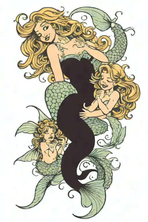 Mermaid Surrounded By Two Mermaid Children Playing