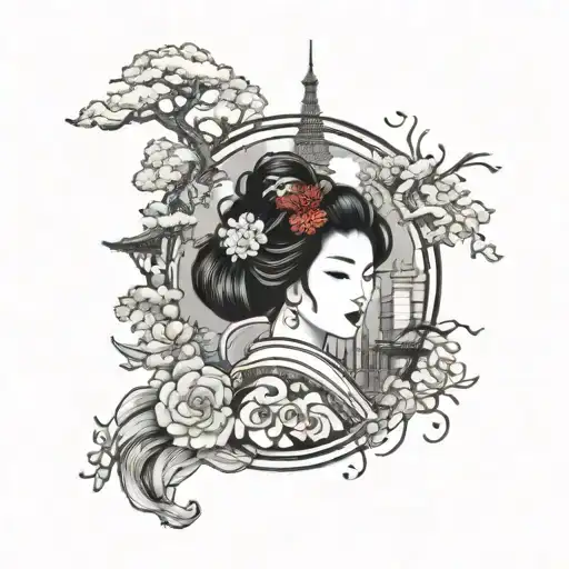 Back Tatoo Geisha Surrounded Travel Landmarks