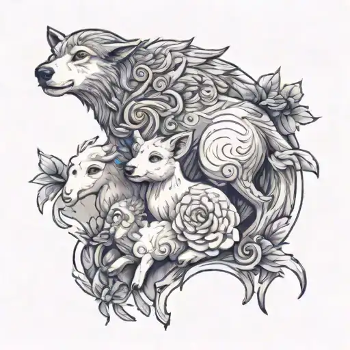 Back Tattoo Wolf And A Lamb Peacefully Coexisting