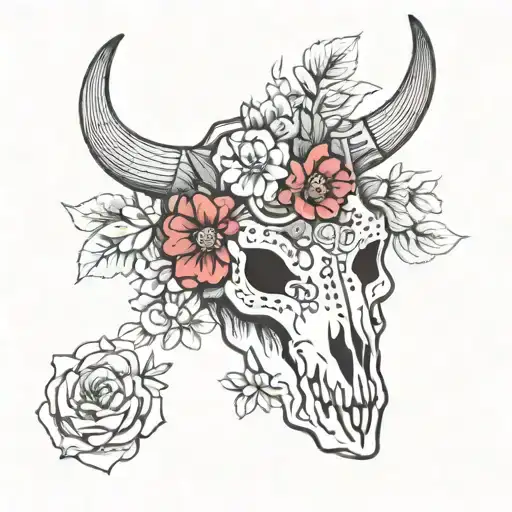 Aztec Bull Skull With February Birth Flowers
