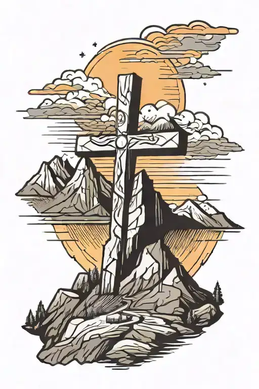 Cross On Mountain Peak With A Sunset