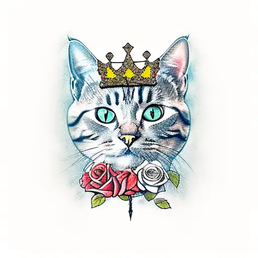 A New-school Tattoo Of A Cat Wearing A Crown Made Of Roses