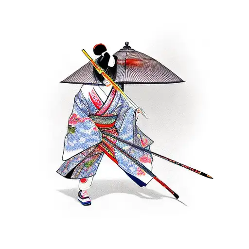 Geisha Katana With A Kimono Con Detalles En Lineas Rojas