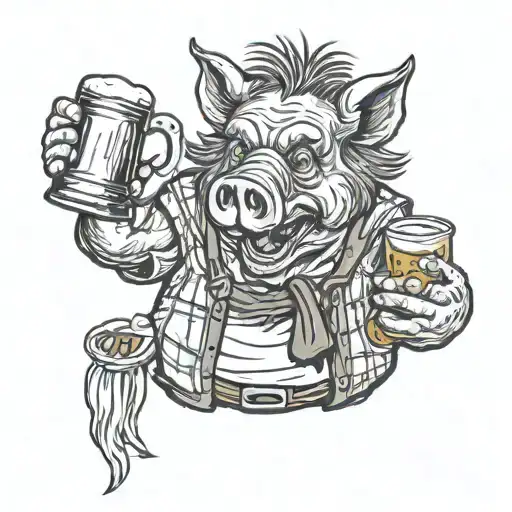 Wild Boar Tattoo Wearing German Clothes Eating Brats And Holding A Beer Stein