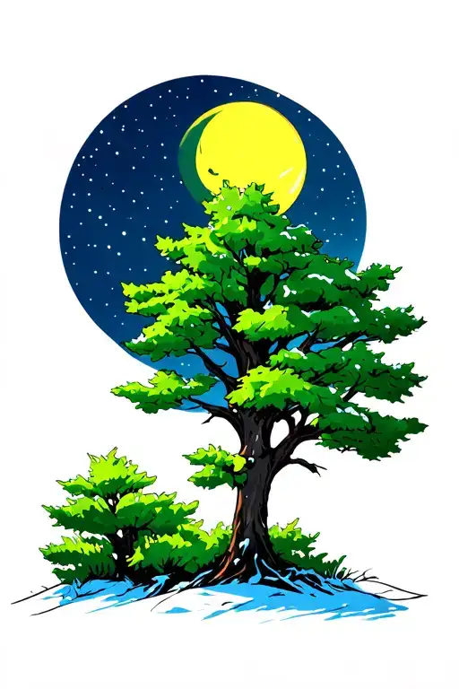 Yellow And Snow Moon With A Green Tree With Blue Night
