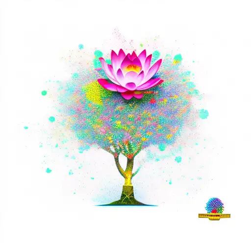 A New-school Design Featuring A Vibrant And Colorful Cerejeira Tree Growing Out Of A Lotus Flower