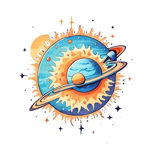 Colourful Space Tattoo With Sun And Jupiter