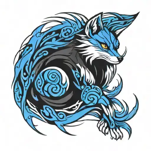 Black And White Nine Tailed Fox Surrounded By Blue Flames