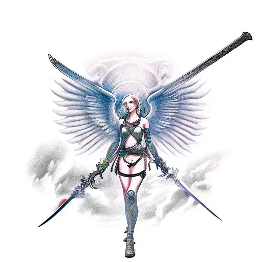 A Half Angel And Half Demon Ascending Behind A Sword