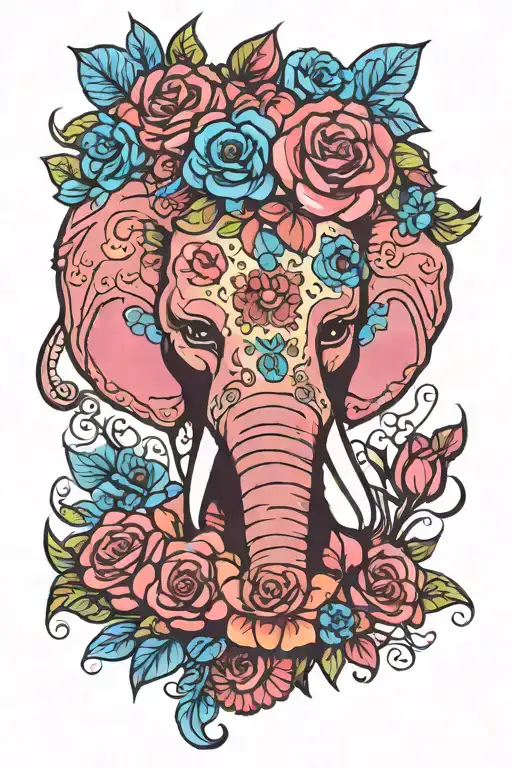 Day Of The Dead Elephant Pink And Blue Flowers