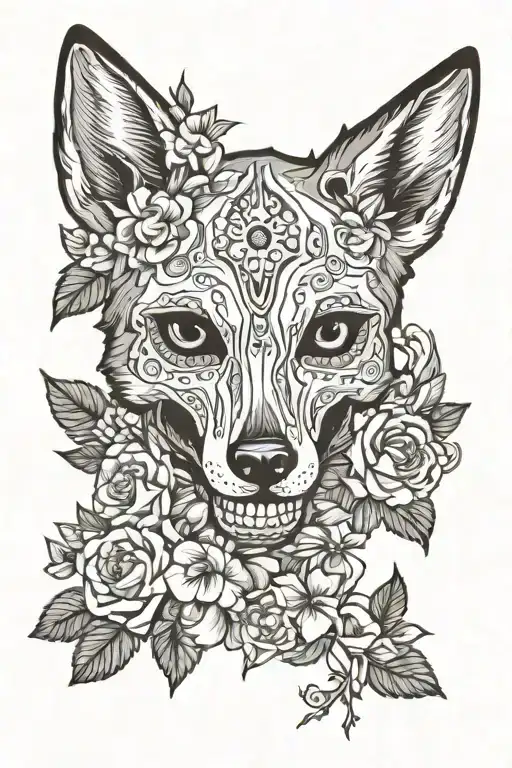 Coyote Skull Surrounded By Flowers Growing