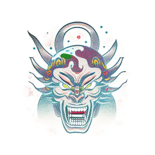 Japanese 100 Year Demon Face With Mountain In Background