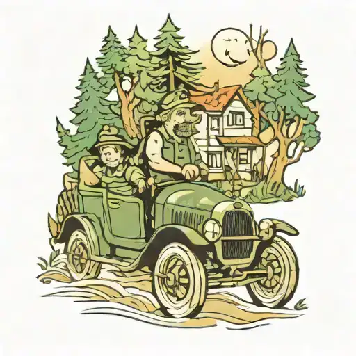 A Family Of Fisherman Driving A Vintage Car Through A Forest Village Near The Baltic Sea