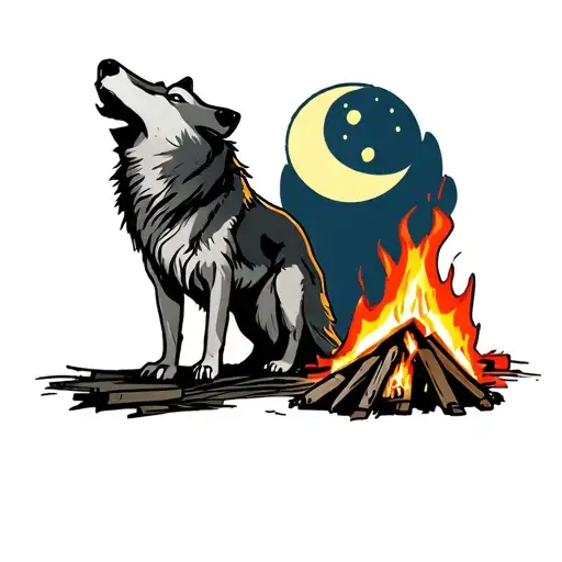 A Campfire Scene With A Wolf Howling At The Moon In A New-school Style